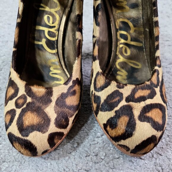 Sam Edelman Lyla Leopard Print Leather Calf Hair Platform Pumps Ankle Strap - Picture 4 of 13